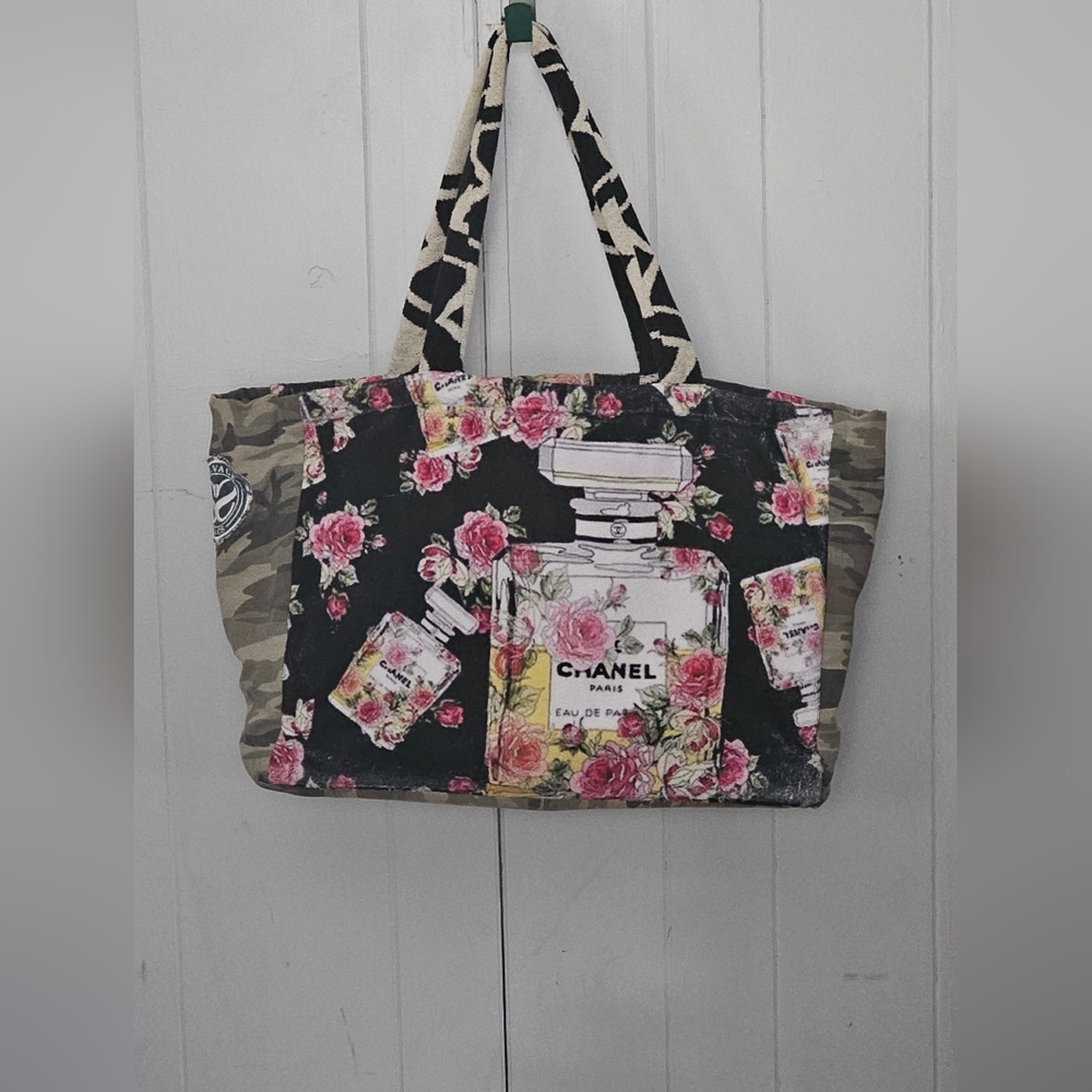 Salvage Sacs Chanel Floral Towel Tote Beach Bag - Black with Pink Roses XL